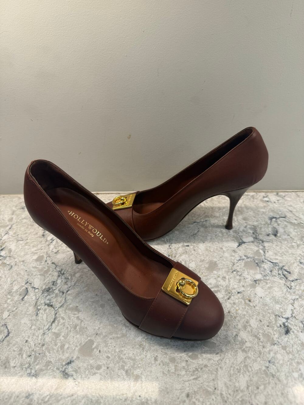 Hollywould High Heels Reddish Brown Gold Buckle 3.5" Heel Size 38 EU